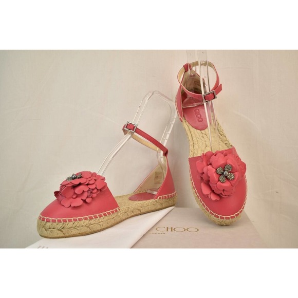 NIB JIMMY CHOO DYLAN DAHLIA LEATHER JEWELED FLORAL BOW FLAT ESPADRILLES 39